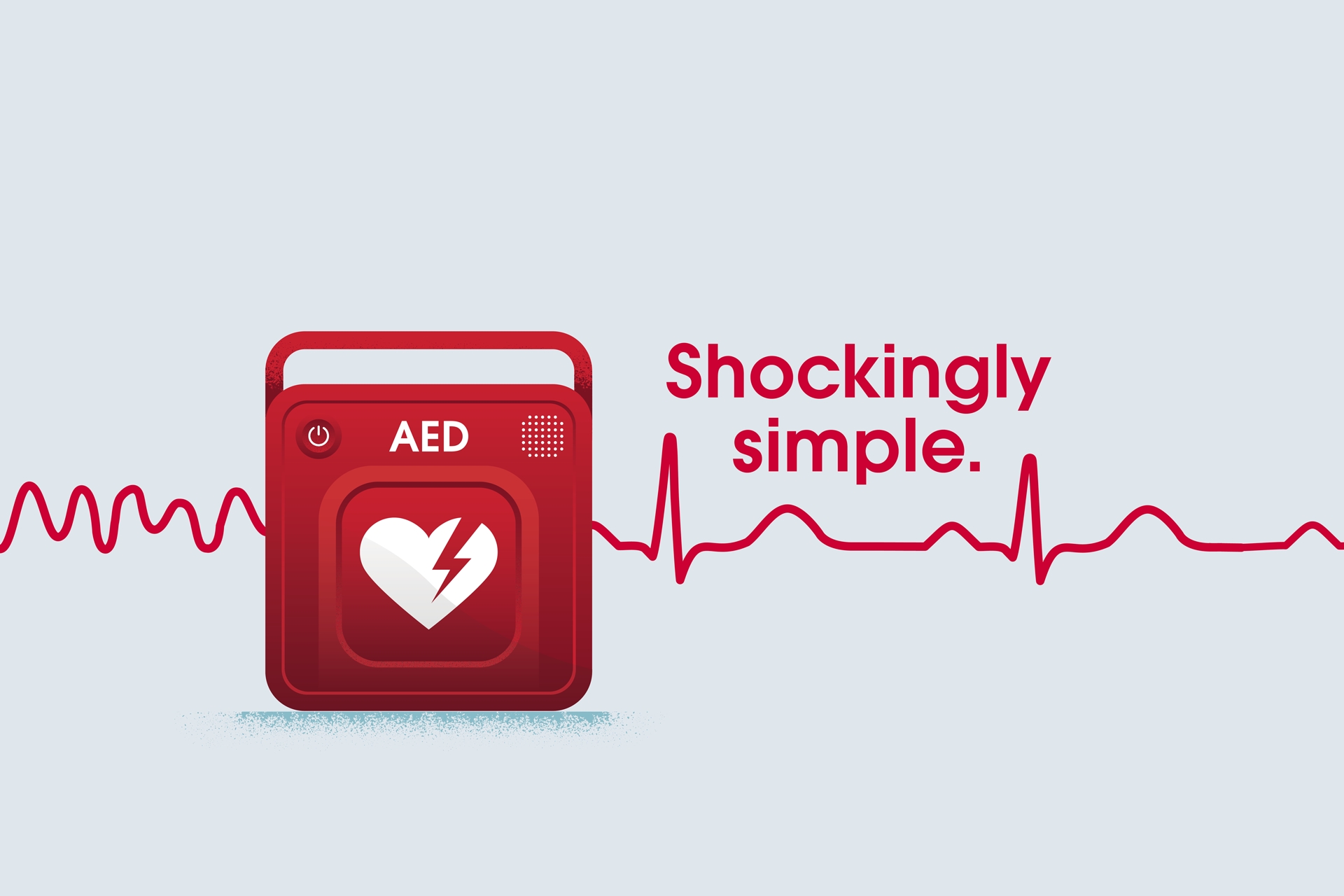 An ECG heartbeat running through the image of an automated electronic defibrillator and the text 'Shockingly Simple'