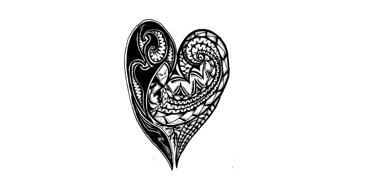 Black-and-white illustration of a heart-shaped koru design with intricate spirals and Māori-inspired patterns.