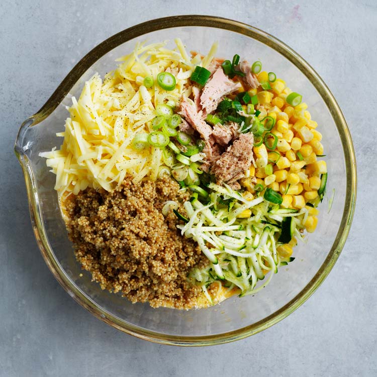 Quinoa, tuna, corn, zucchini, spring onions and cheese combined