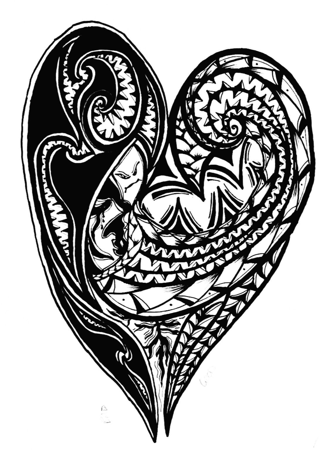 Black-and-white illustration of a heart-shaped koru design with intricate spirals and Māori-inspired patterns.