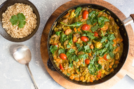 A colorful skillet of veggies and rice