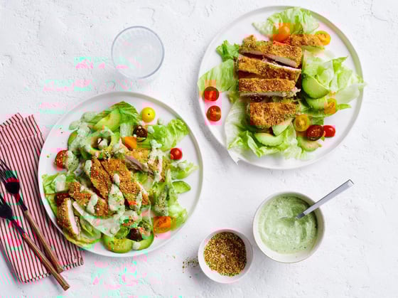 Chicken schnitzel salad with feta dressing