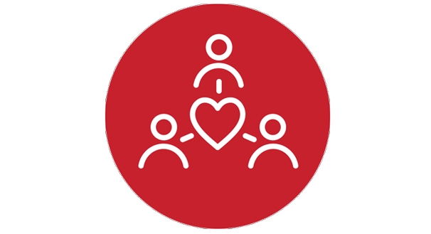 Red circular icon with a white heart and three person figures around it symbolising webinars