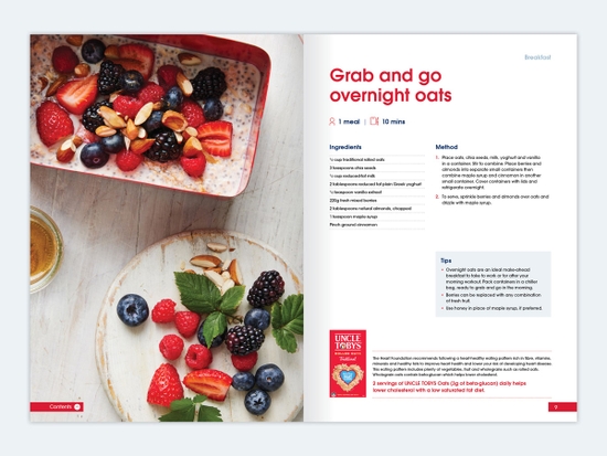 Eat well, live well recipe book opened on the grab and go overnight oats page