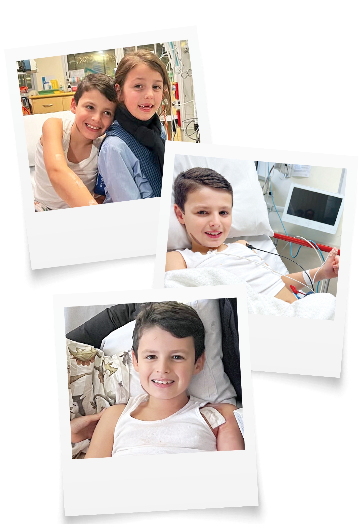 3 polaroids of George, diagnosed with Brugada Syndrome at 8 years old