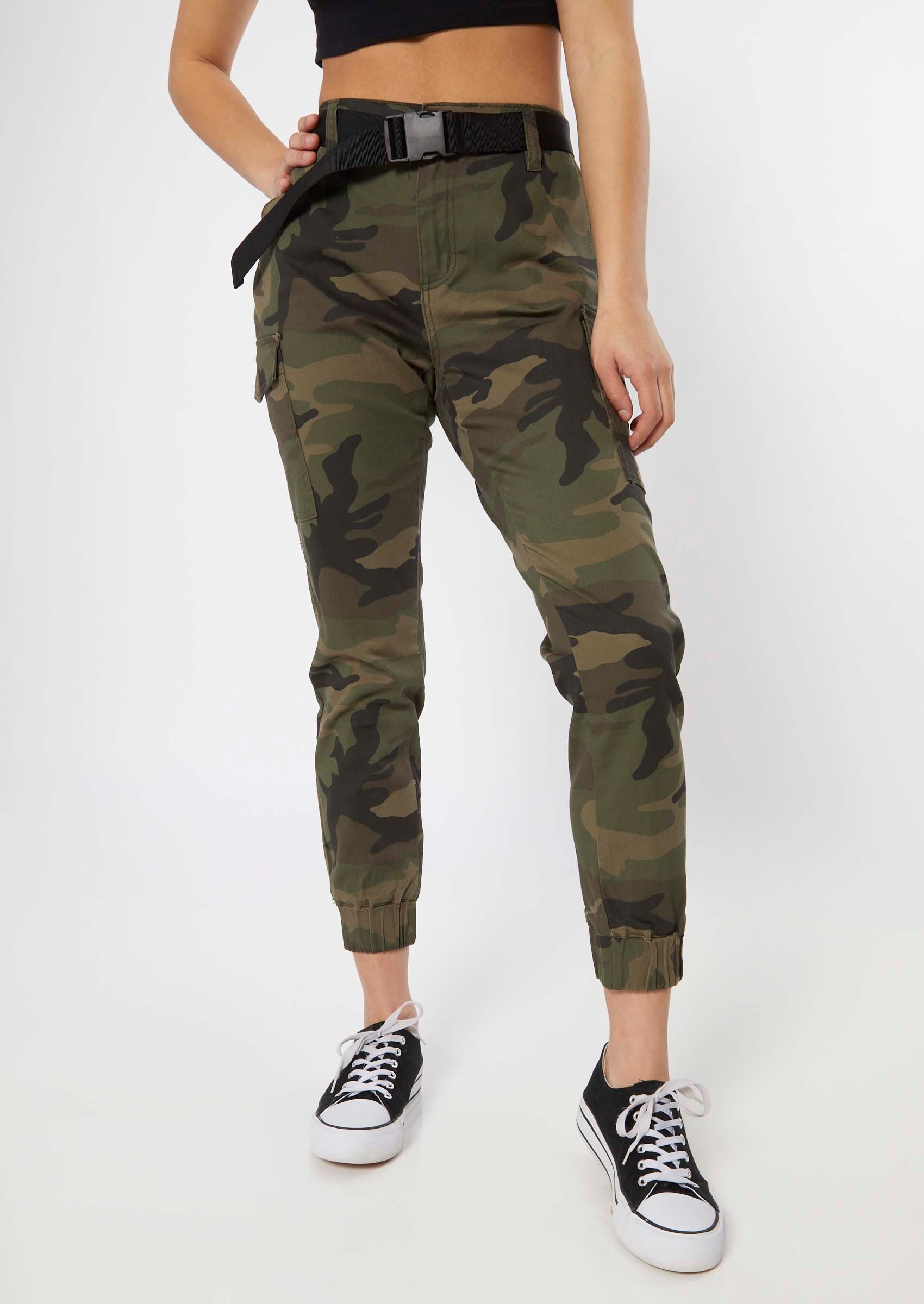 camo pants with buckle belt