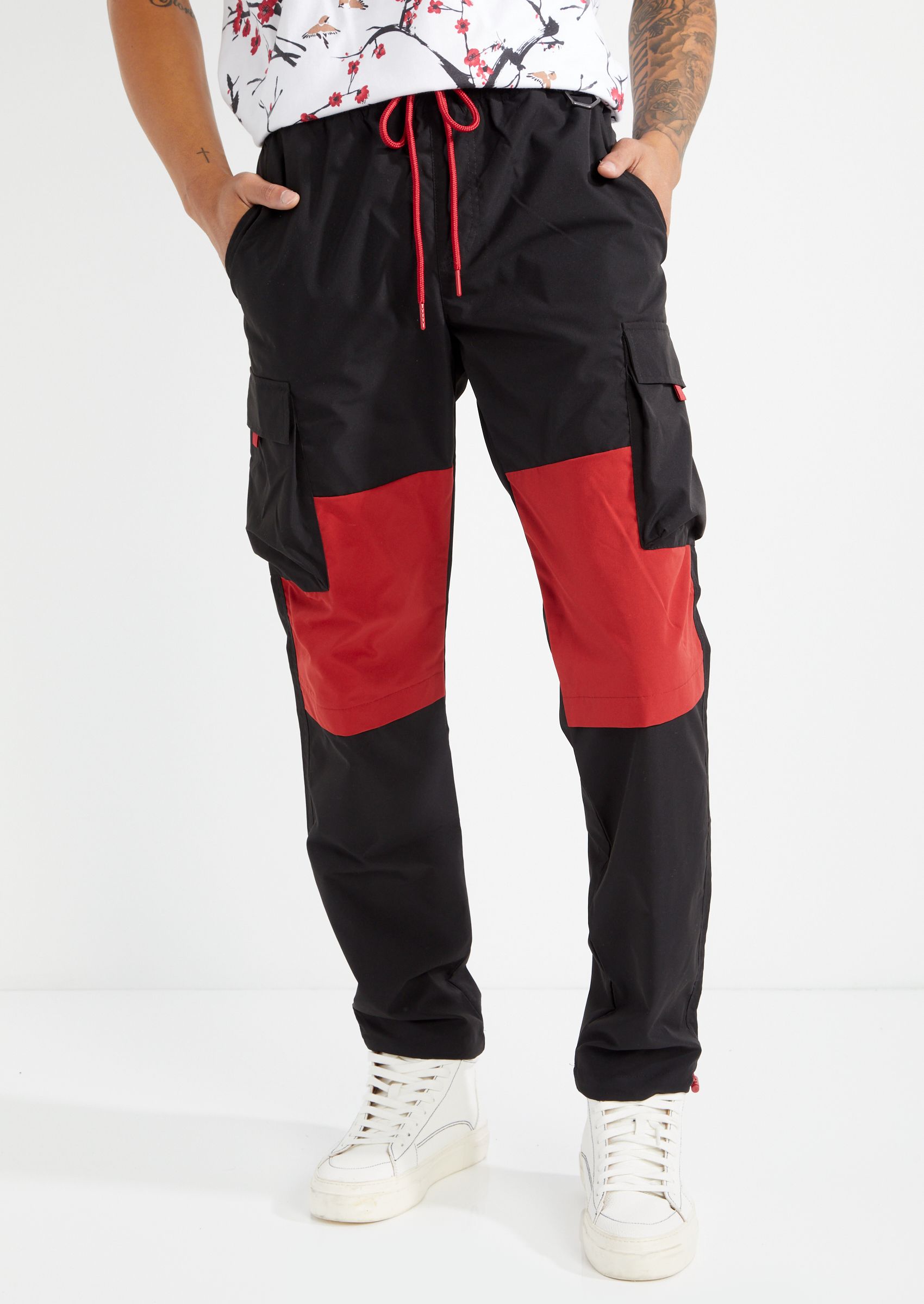 red cargo joggers