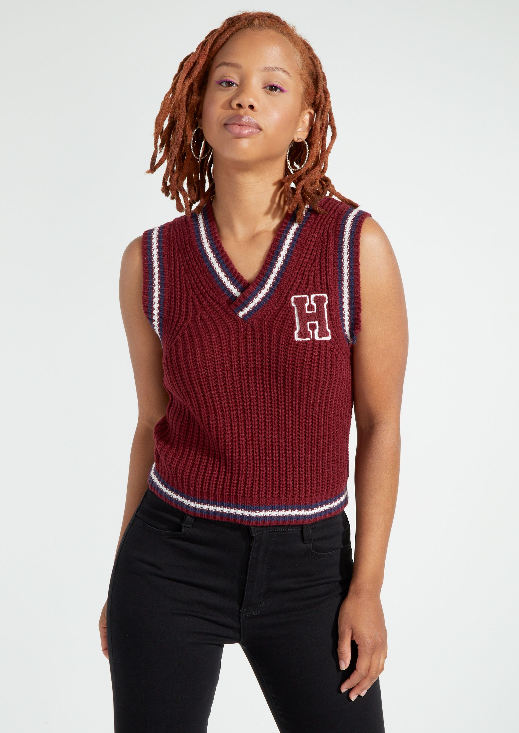 Burgundy Patch Varsity Striped Sweater Vest | Shop All | rue21