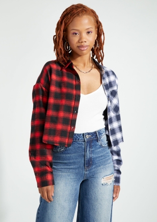 Red Two Tone Plaid Button Down Crop Top | Crop Tops |