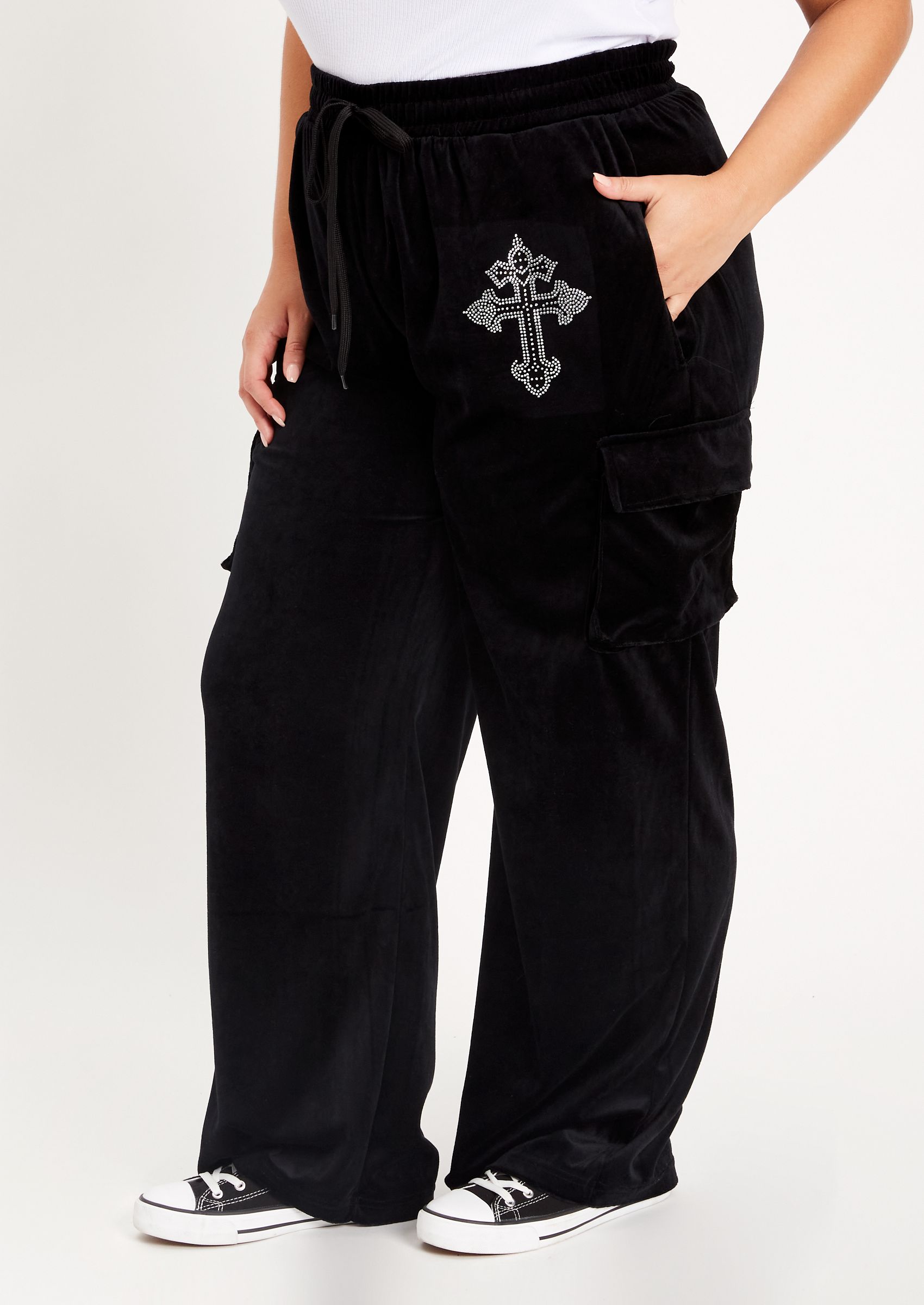 Plus Rhinestone Cross Graphic Velour Cargo Joggers