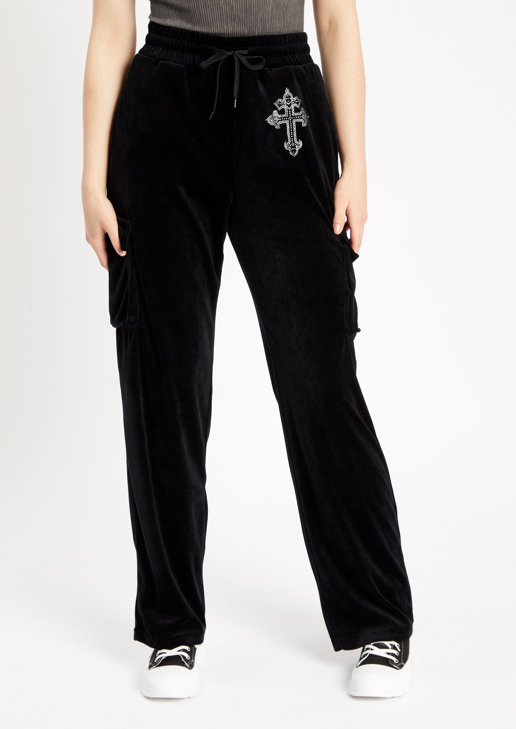 Rhinestone Cross Graphic Velour Cargo Joggers