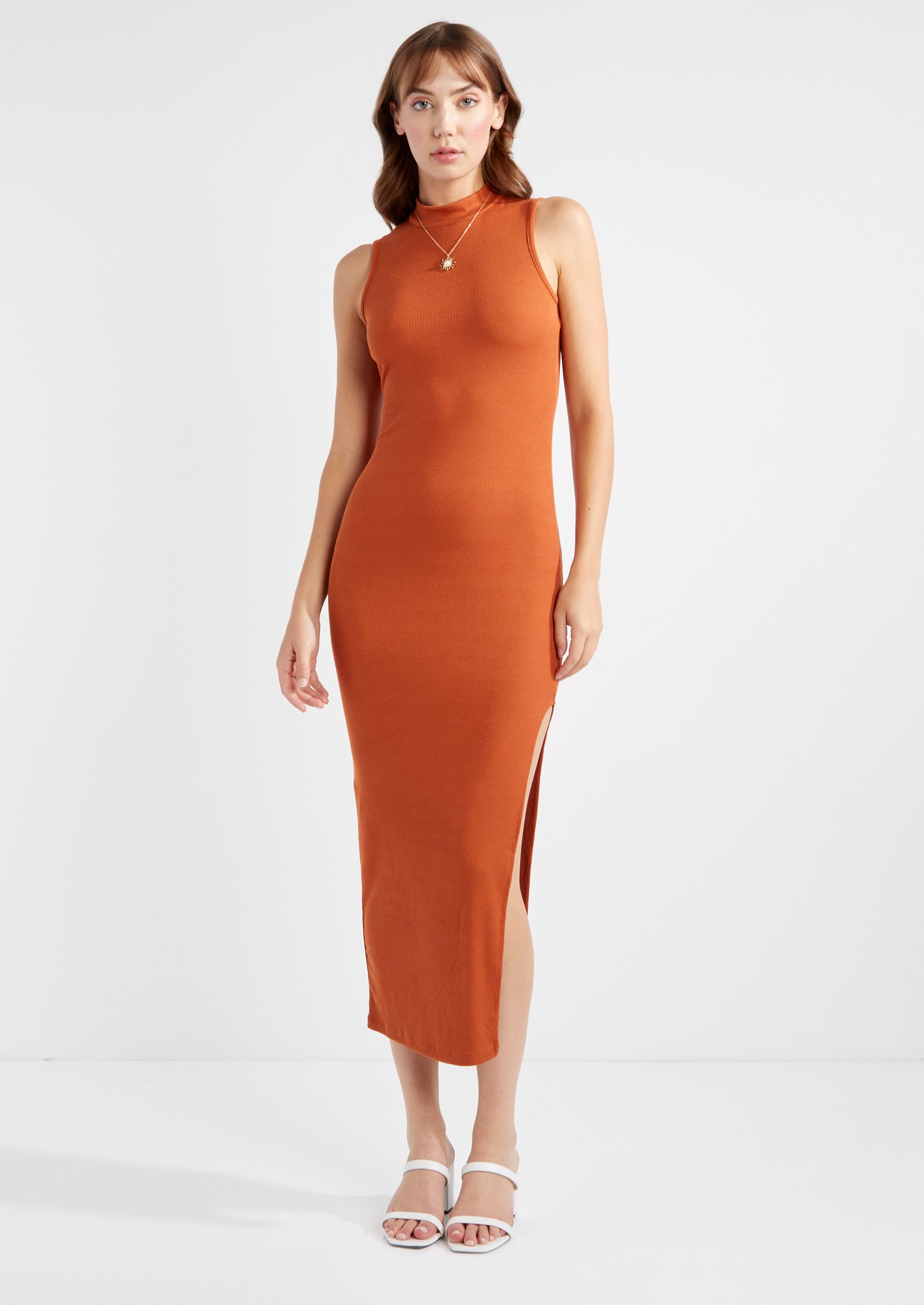 orange mock neck dress