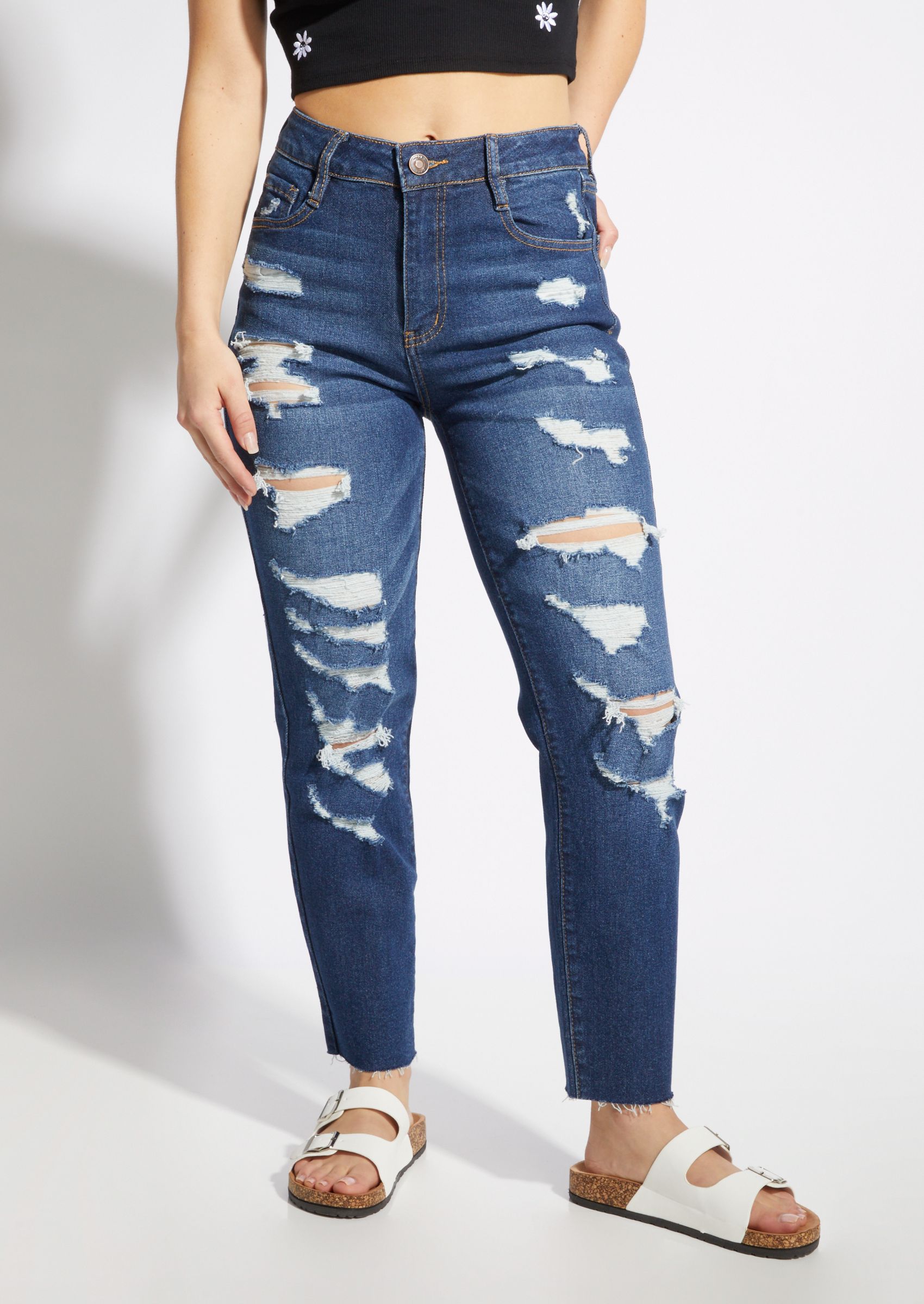 dark wash ripped mom jeans