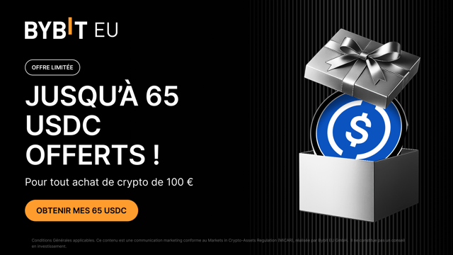 Déposez 100 € pour recevoir jusqu'à 65 USDC en bonus !