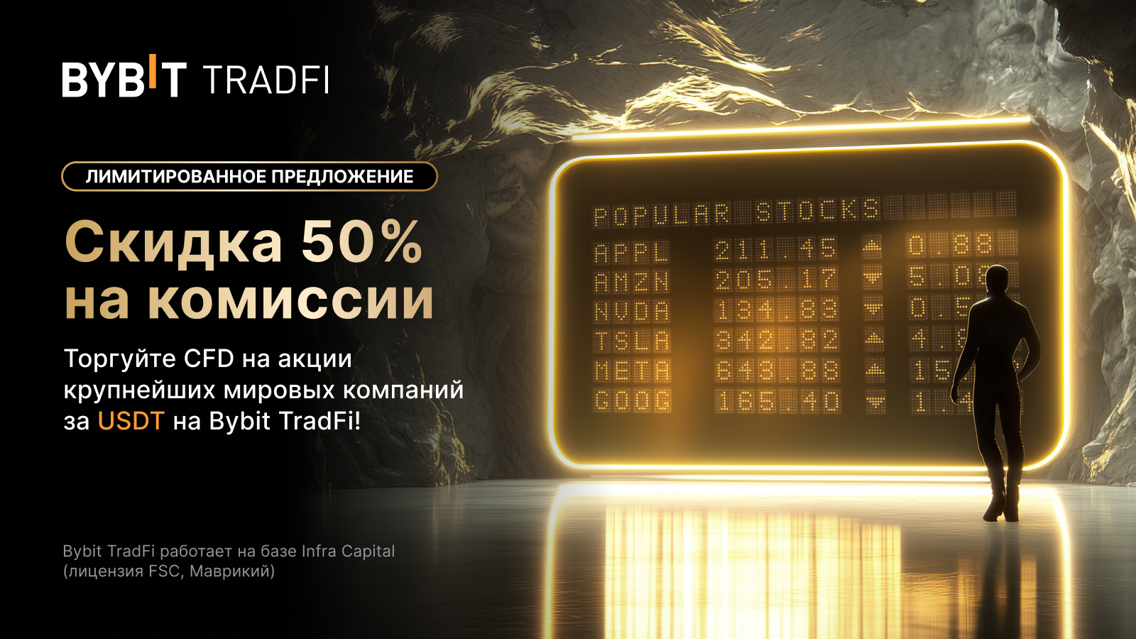 🔥 Лимитированное предложение: торгуйте CFD на акции на Bybit и получите скидку 50% на комиссии
