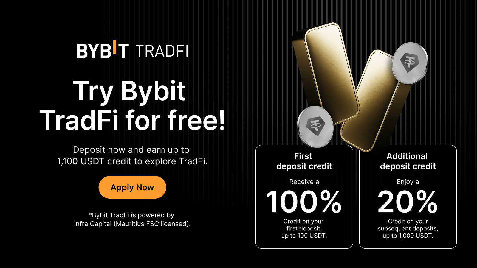 Bybit Announcement | 【Event Ends】Try Bybit TradFi for free and deposit to  earn up to 1,100 USDT in credit!
