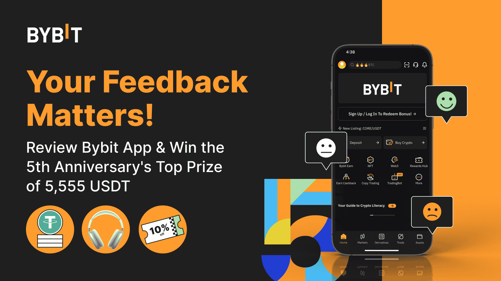Bybit Announcement | Participate in the Bybit 5th Anniversary App Review  for a Chance to Win 5,555 USDT!