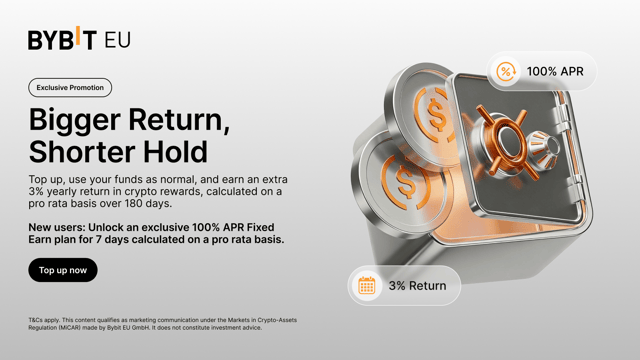 Bigger Return, Shorter Hold: Top Up, Use Funds As Normal, Get 3% APY, calculated on a pro rata basis for a 180-day period.