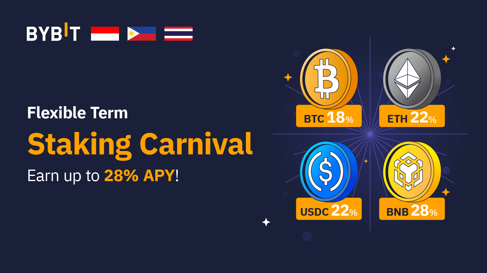 Bybit Announcement | [Selected South East Asia Only] Staking Carnival: Earn  Up to 28% APY on BTC, ETH, USDC & BNB!