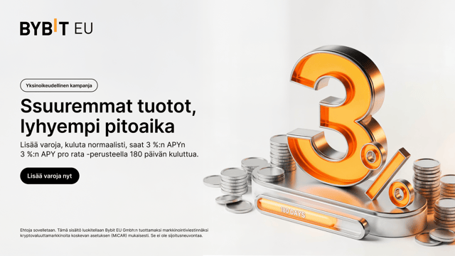 Suuremmat tuotot, lyhyempi pitoaika Lisää saldoa ja käytä varoja normaalisti, niin saat 3 %:n APYn, joka lasketaan 180 päivän pro rata -perusteella.