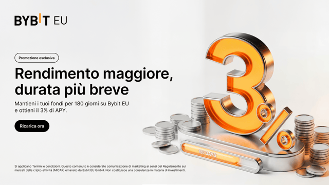 Rendimento maggiore, holding più breve: Ricarica, usa i tuoi fondi come al solito e ottieni il 3% di APY, calcolato su base proporzionale per un periodo di 180 giorni.