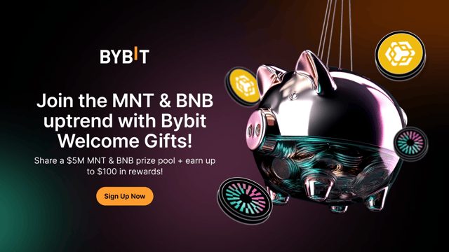 Share a $5,000,000 MNT & BNB prize pool plus earn up to $100 in Bybit Welcome Gifts!