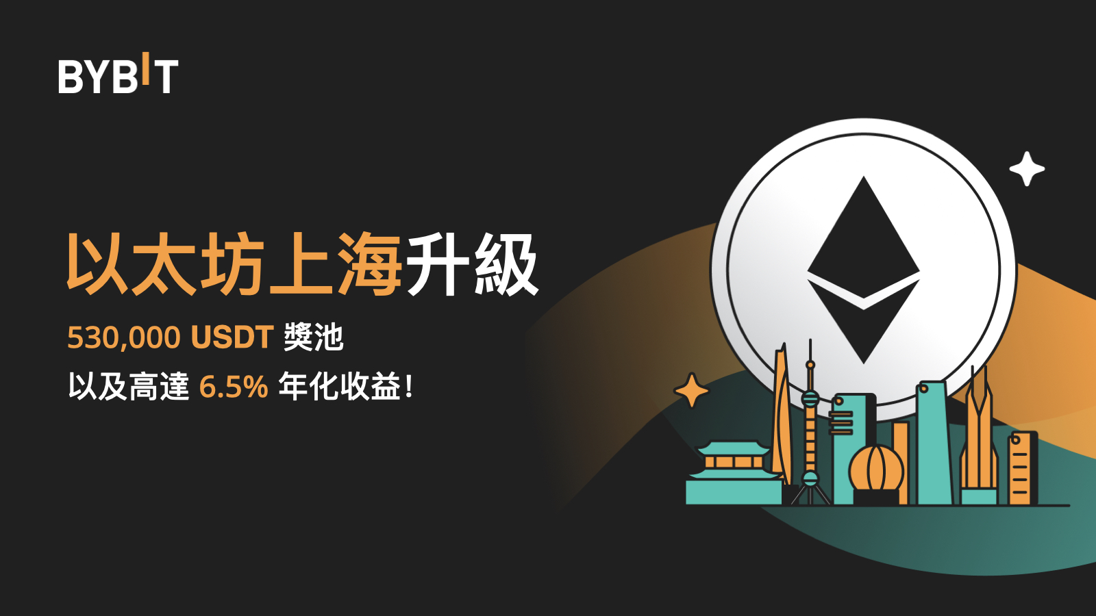 Bybit Announcement | 以太坊上海升級倒計時派對：高達6.5% 年化收益及530,000 USDT 獎池！