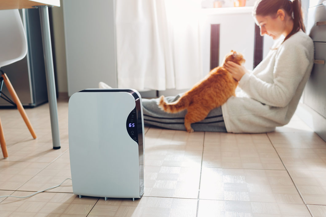 Woman sitting on the floor of her kitchen playing with her cat while a dehumidifier dries out the room.