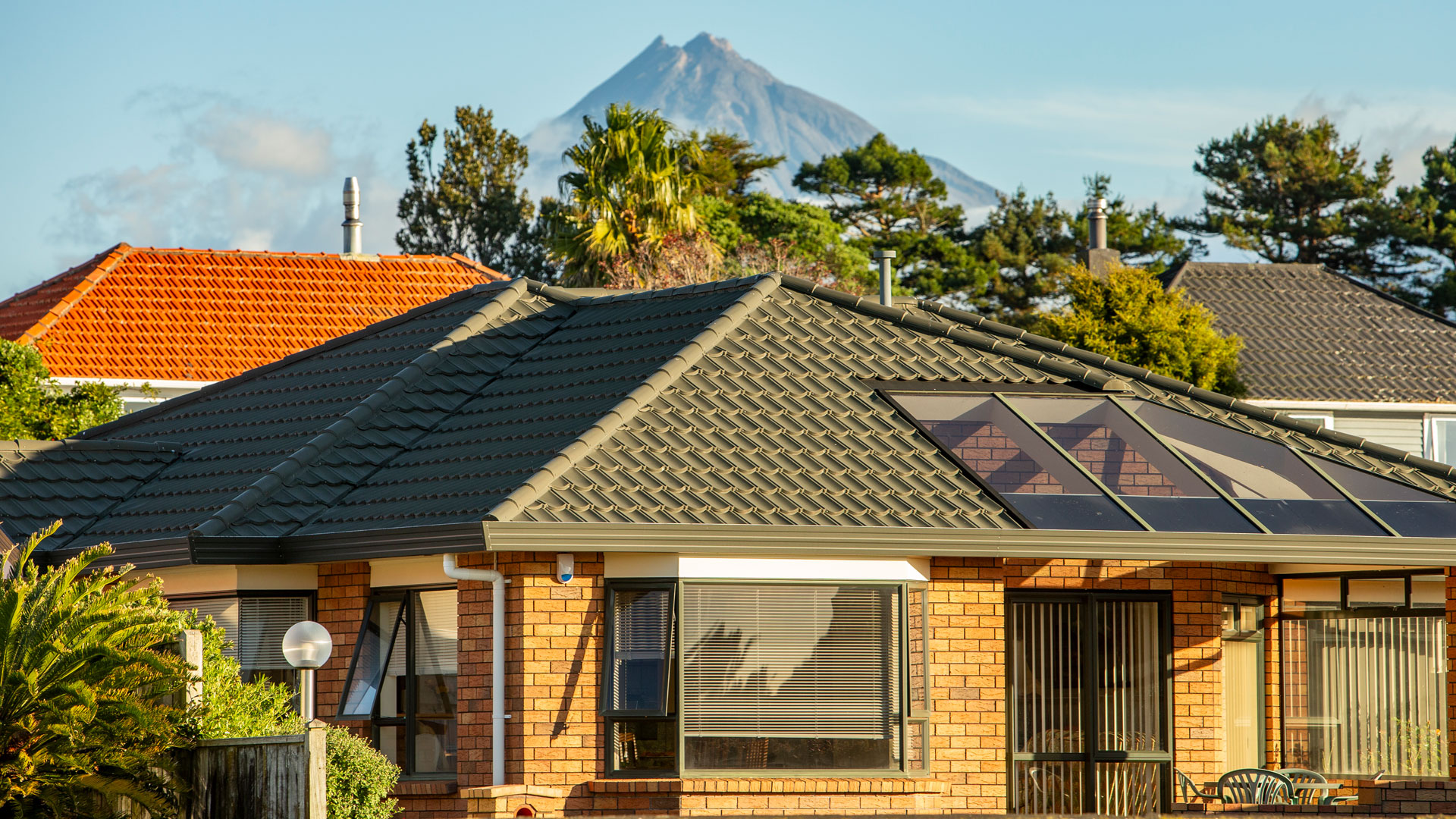 Homes in New Plymouth, with Mt. Taranaki in the background.