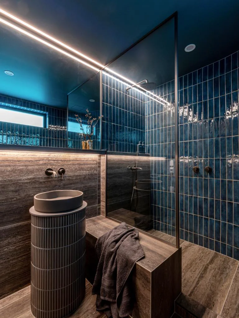 This powder room designed by Katie Scott of Sticks+Stone was inspired by the colours of a tui. Scott won the TIDA NZ Powder Room of the Year Award. Photo: John Williams