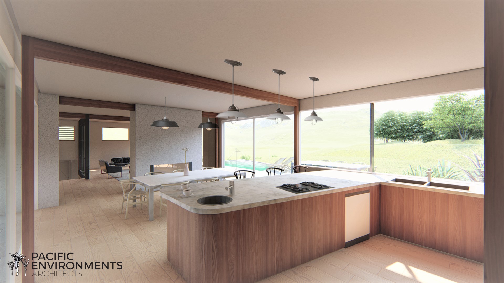 Kitchen and dining area render