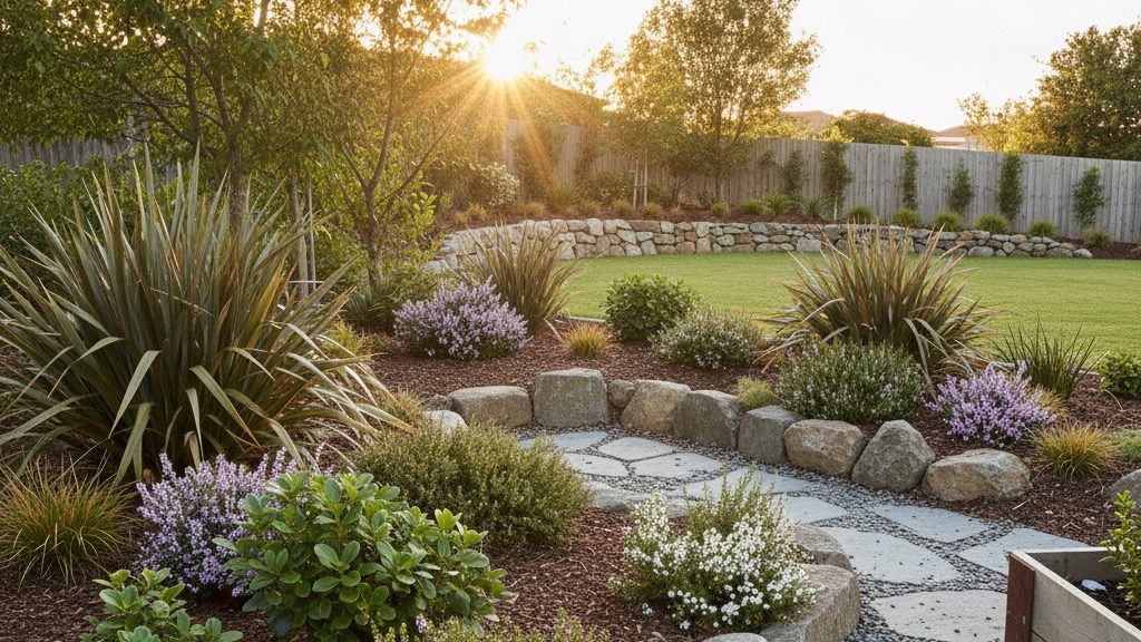 A New Zealand-inspired native garden at sunset featuring large Phormium (flax) plants, purple flowering shrubs, and a stone-edged gravel path leading toward a low rock retaining wall and open lawn.