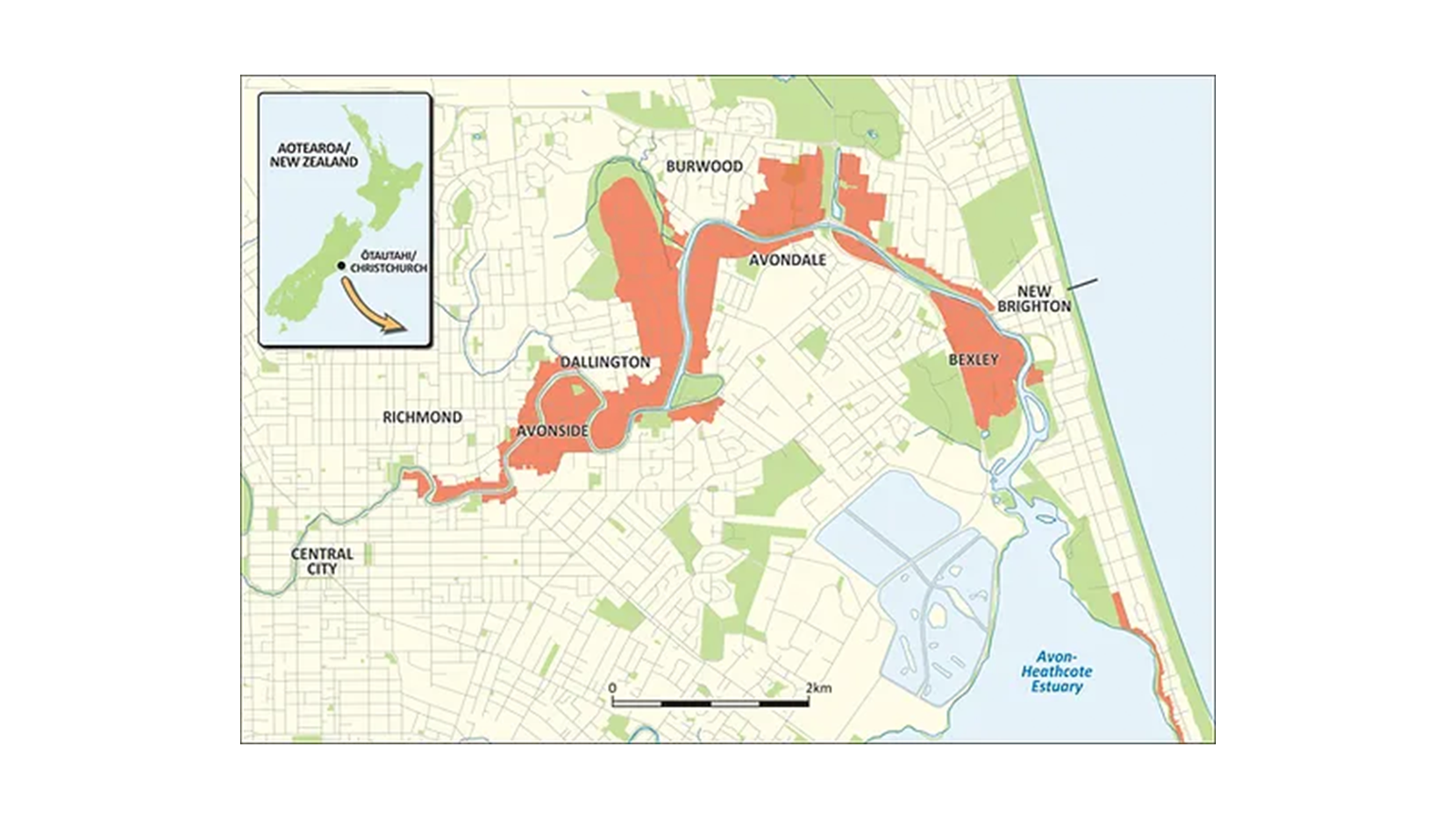 Map showing the red zoned areas in the Ōtākaro Avon River Corridor.