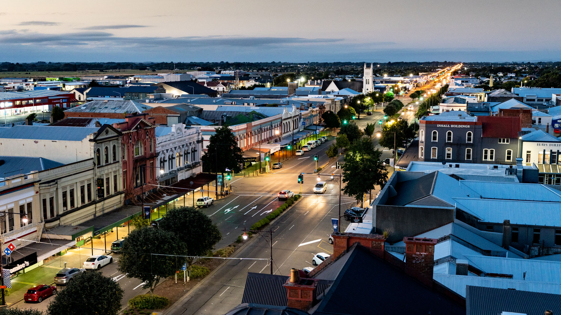 An aerial view of the main street in Invercargill, Southland.