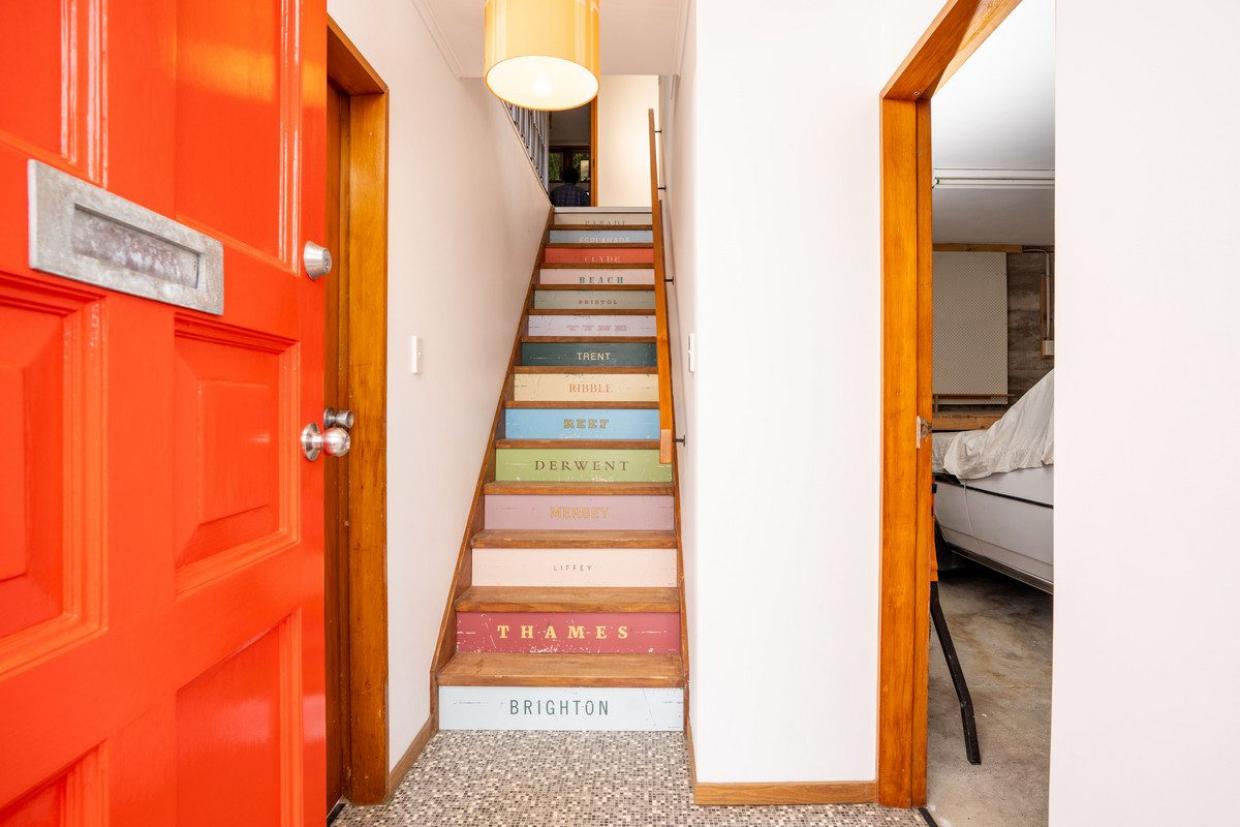 The risers on the stairs are imprinted with Island Bay street names. Photo: Lowe & Co