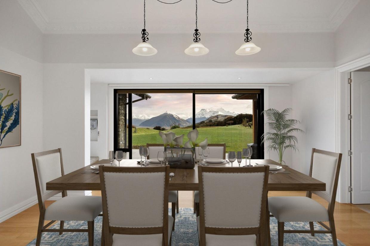 A dining table with a garden view.