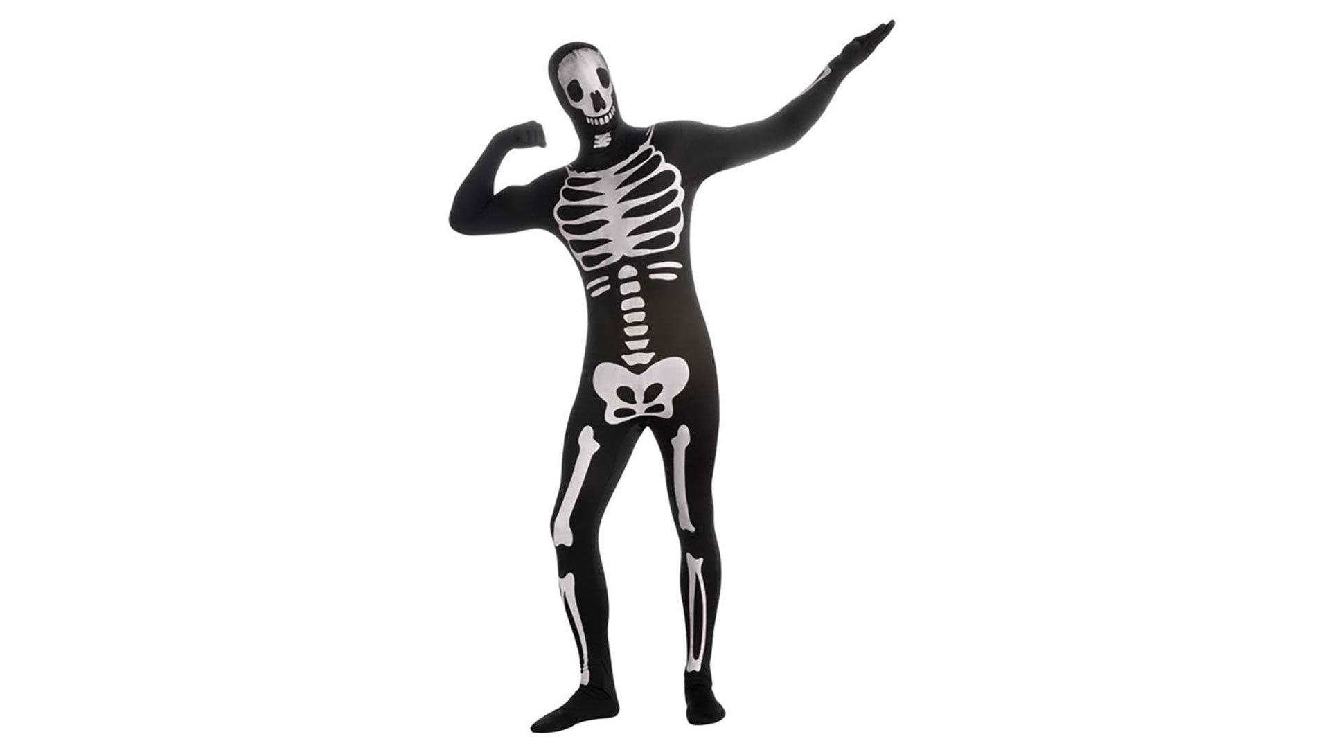  Man dressed in a skeleton Halloween costume.