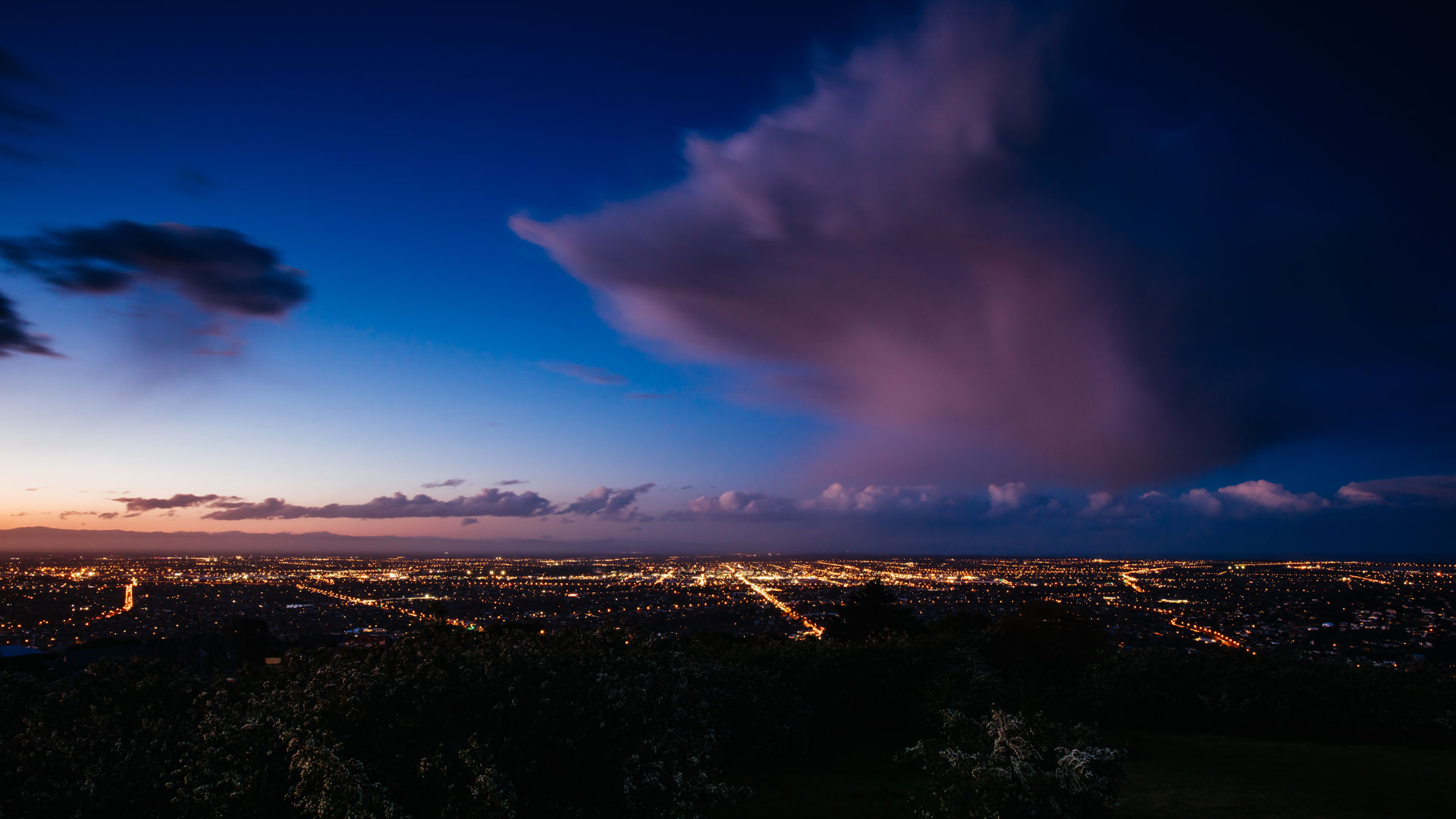 View out over Christchurch city centre at night from Cashmere suburb.