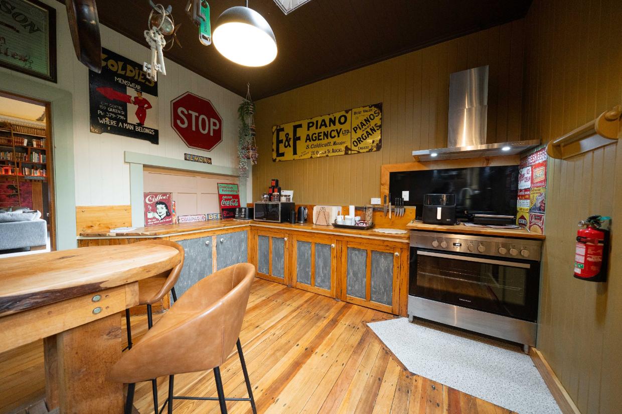 A funky but spacious kitchen. 
