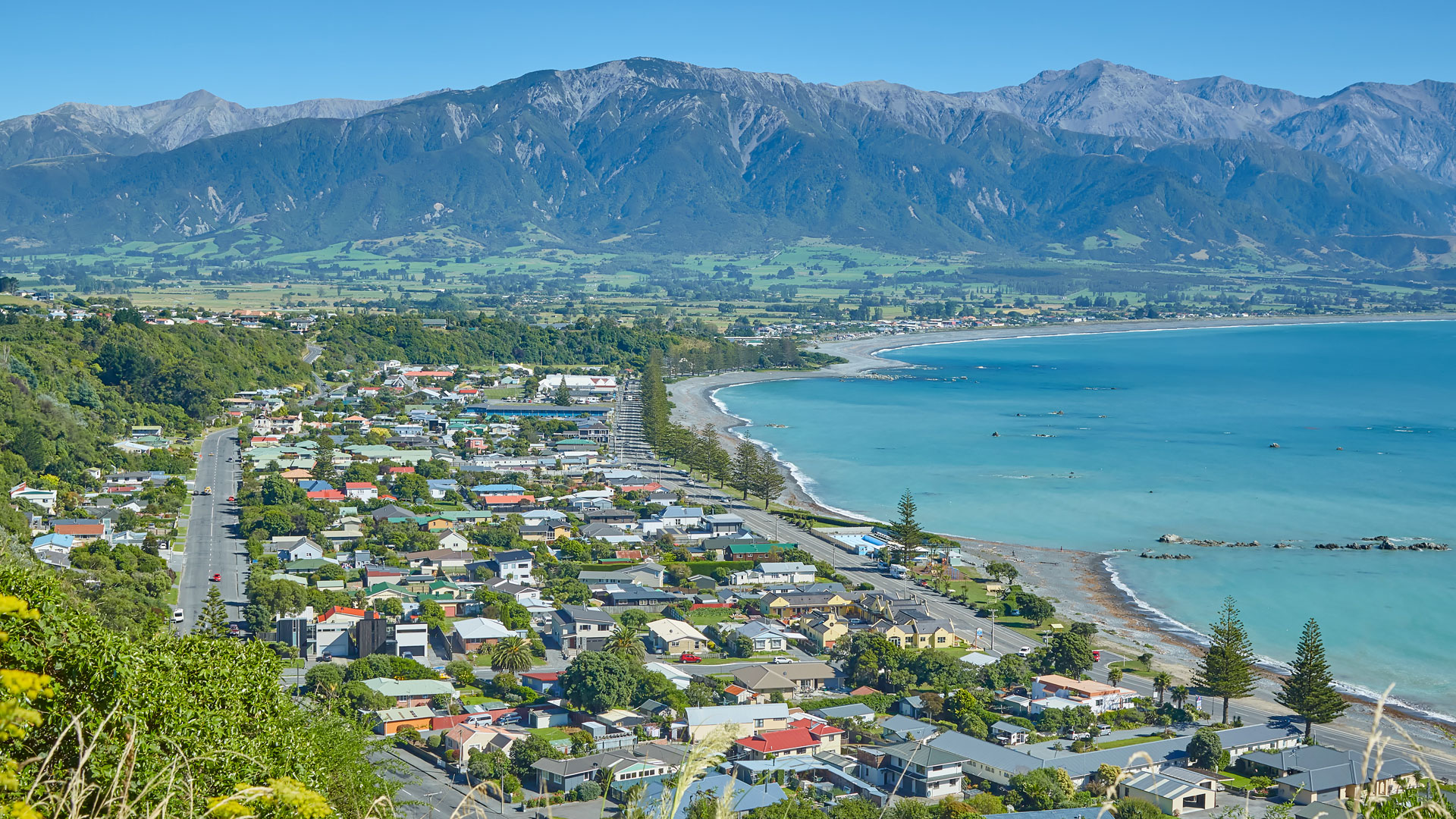 A photo of Kaikōura in Canterbury taken from the lookout position over the city.