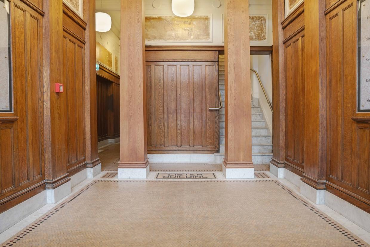 Oak entranceway that has been restored.