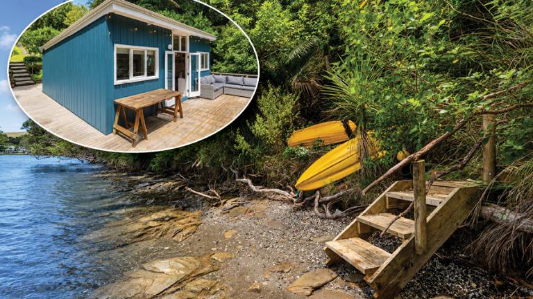 This small renovated bach on the water’s edge at Baddeleys Beach on the Tawharanui Peninsula north of Auckland has been a permanent home for Pip and Maz Kefali for the past 11 years