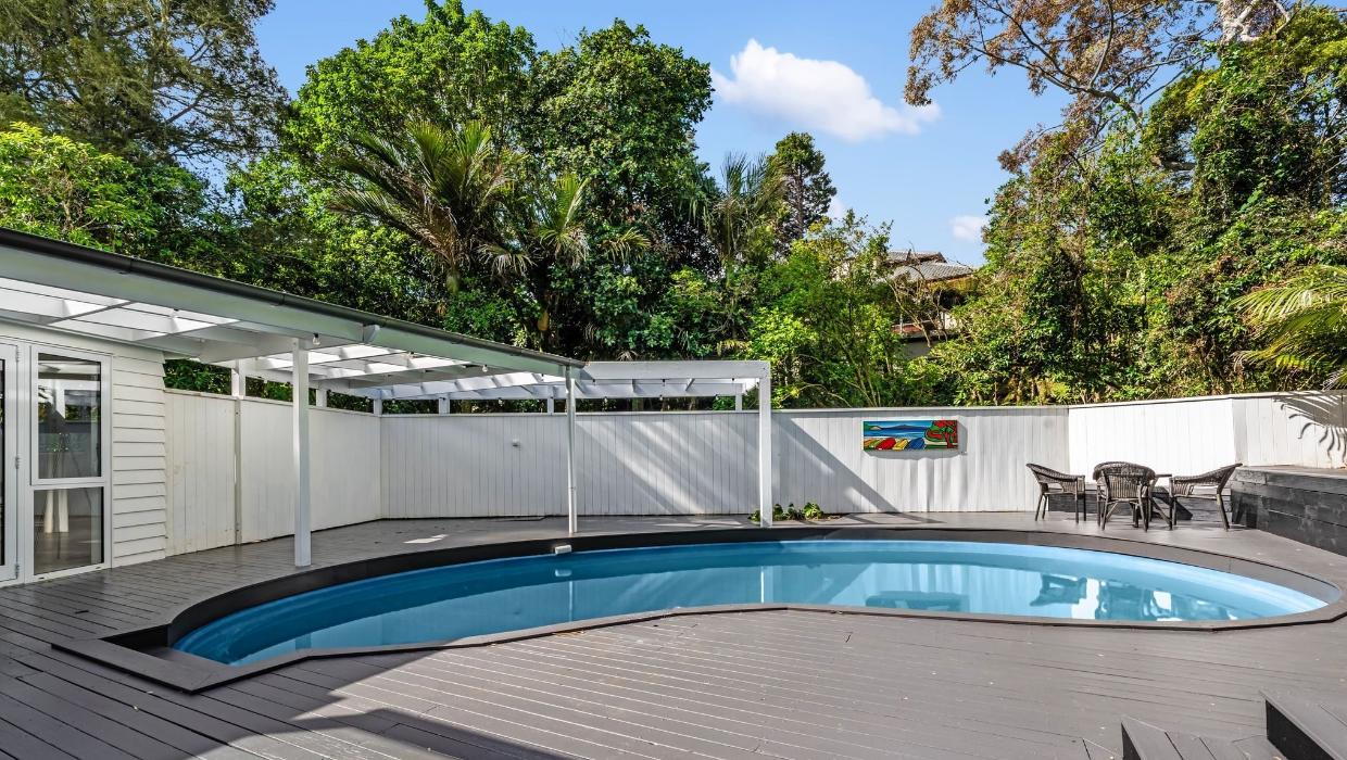 The pool area at A frame home