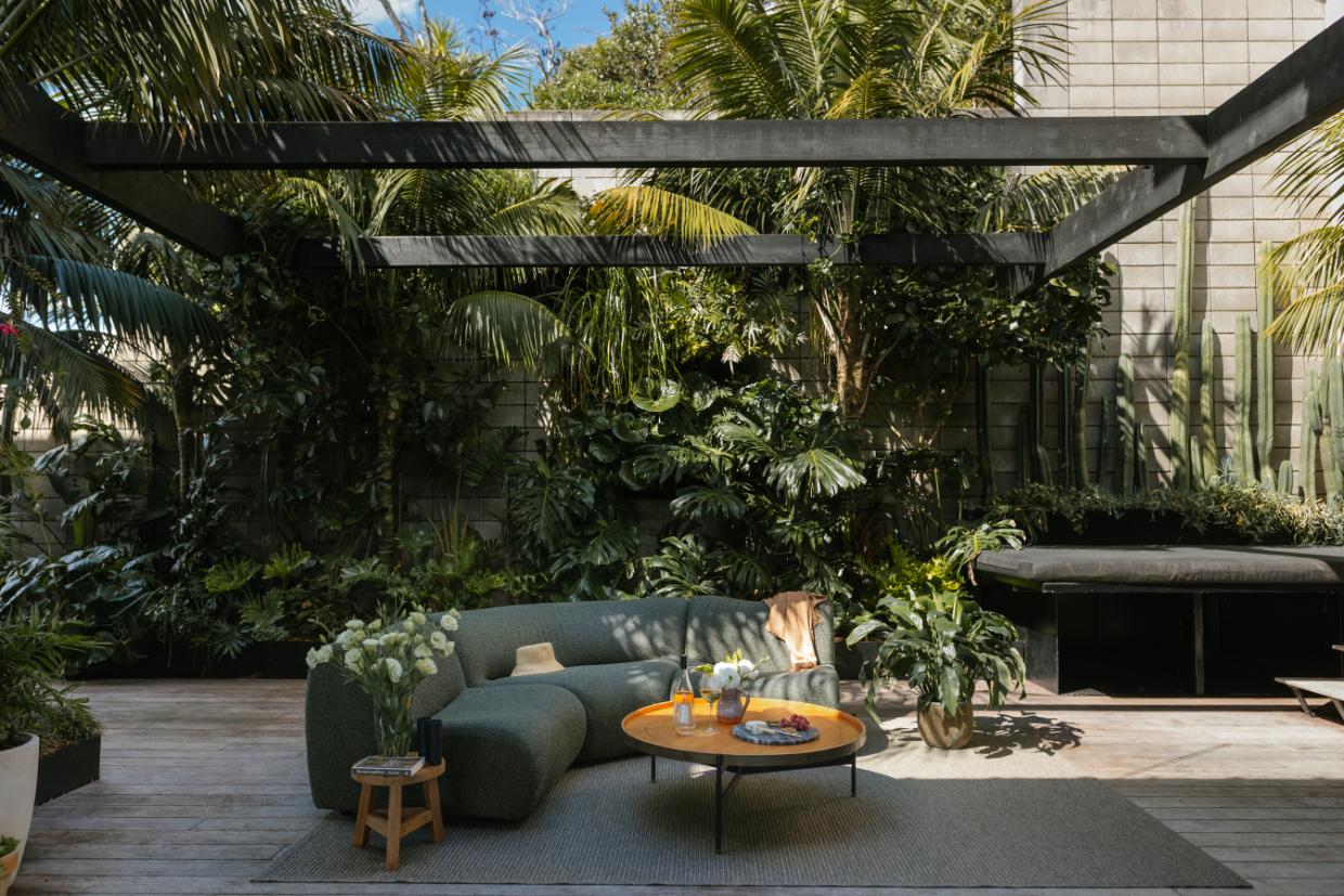 Courtyard surrounded by nature.
