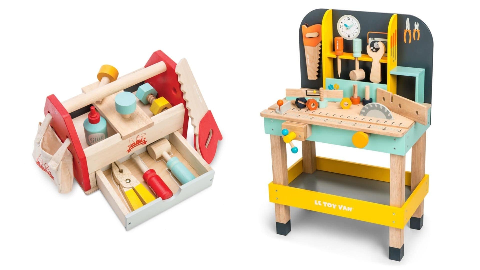 A wooden carpenter's tool set and a wooden builder's bench full of toy tools.