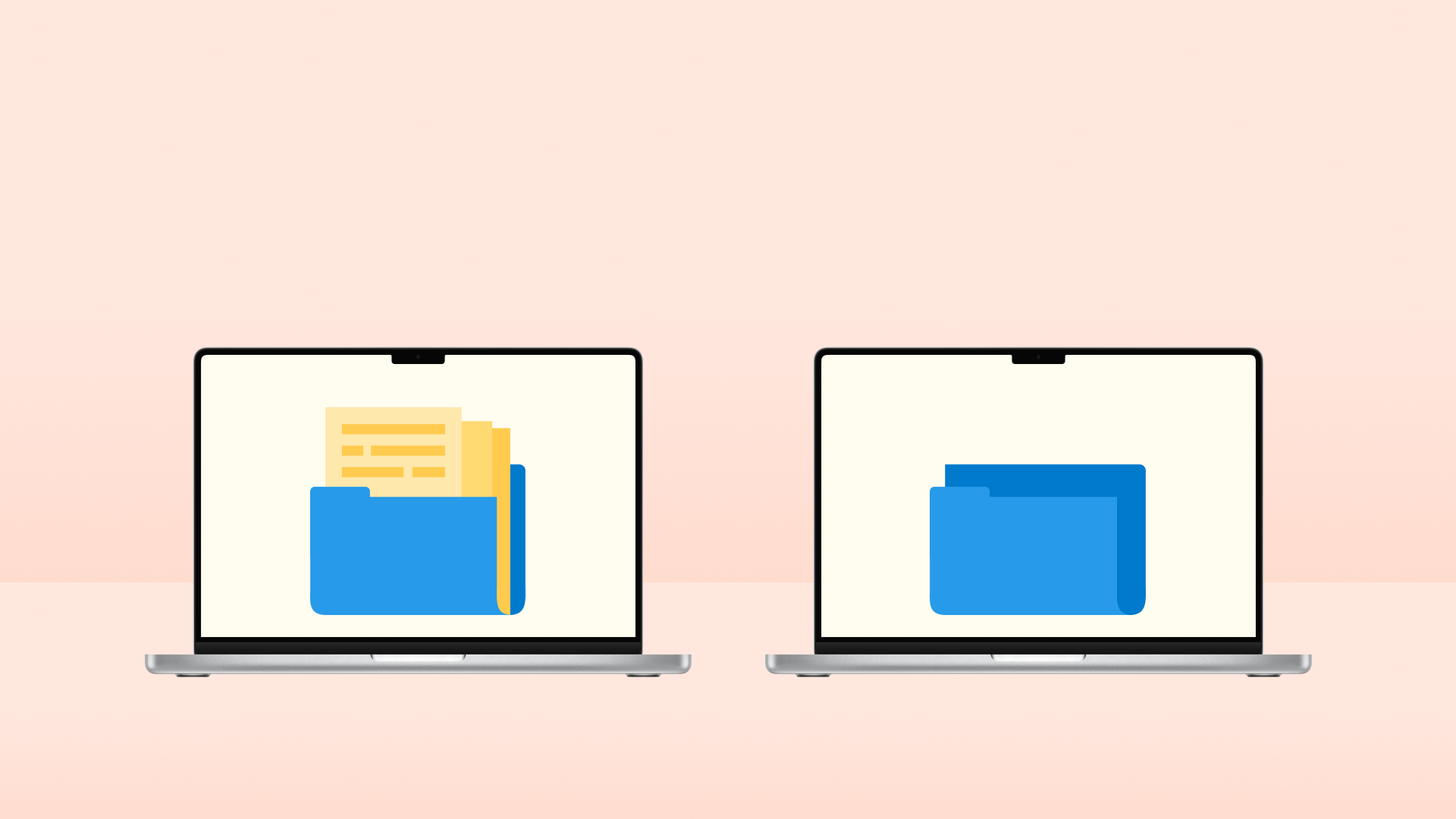Illustration of two open laptops side by side. Left laptop shows a folder with files, right laptop shows a folder with no files.