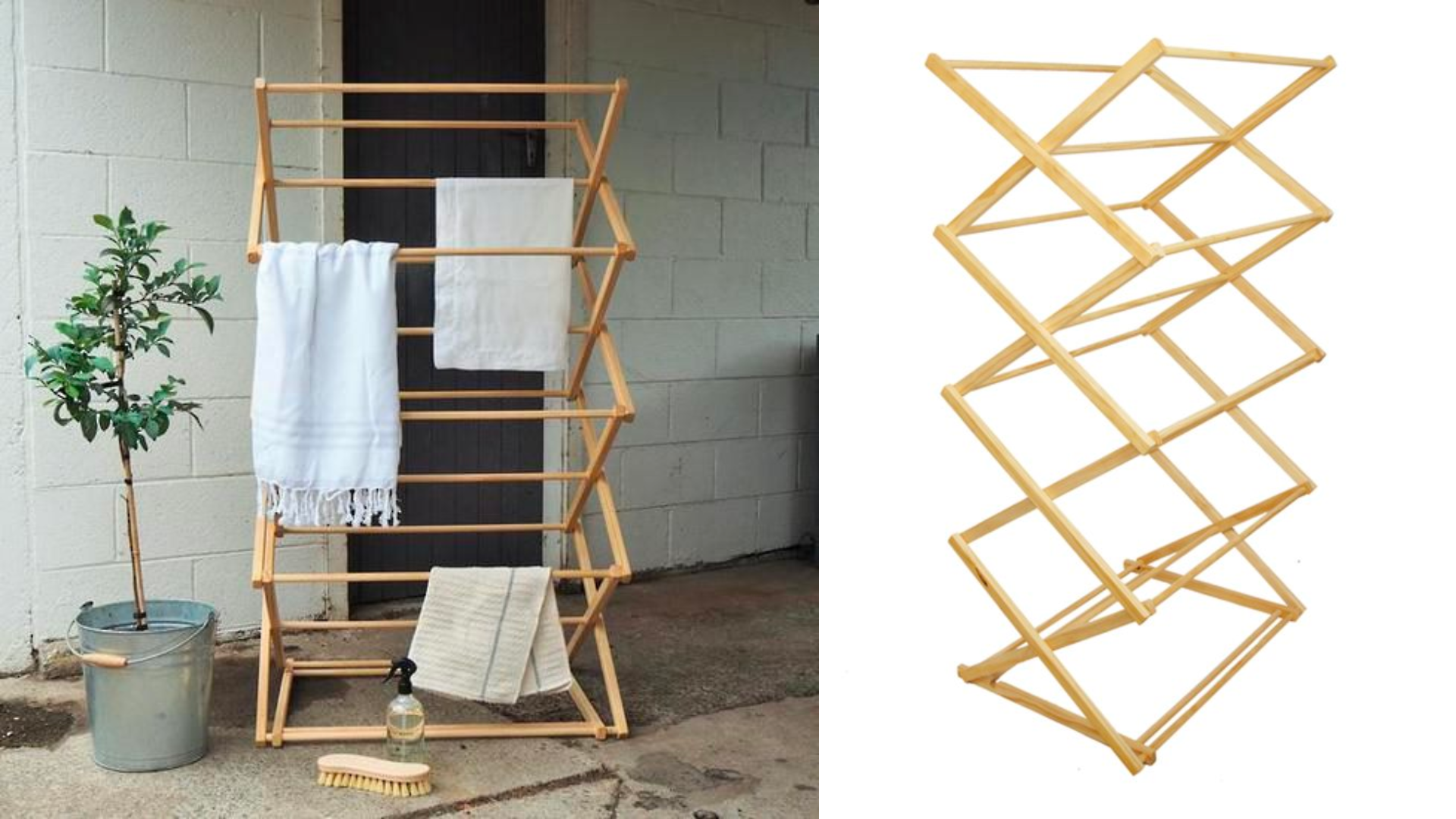 Wooden laundry tower rack with towels hanging from it.