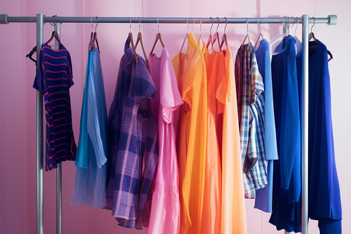 A woman arranges colourful secondhand clothing on a clothing rack in her bedroom.