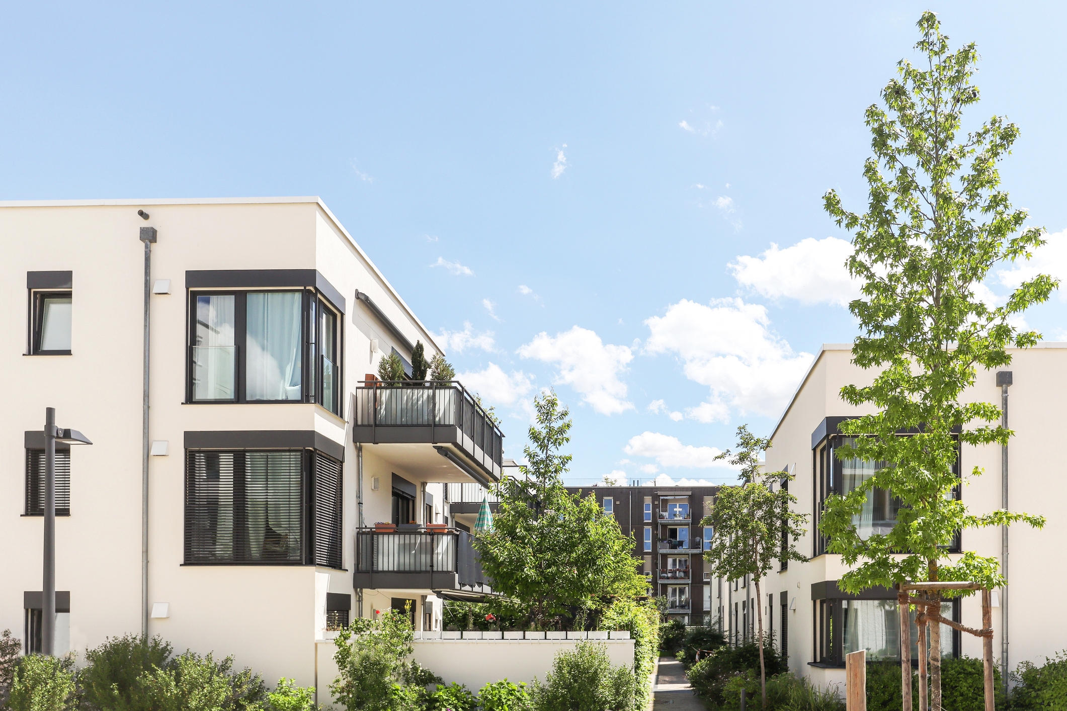 Close-up of high-density inner-city terraced houses and apartments in a New Zealand metropolitan area, highlighting the need for increased intensification to tackle the housing crisis.