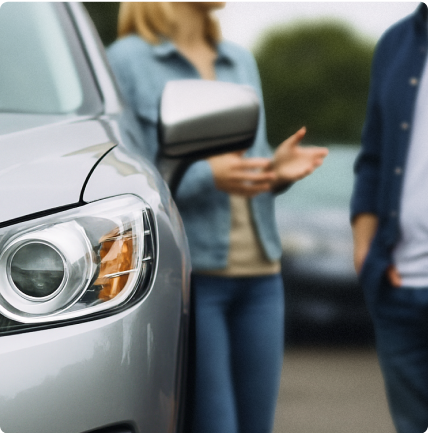 two people having a conversation next to a car